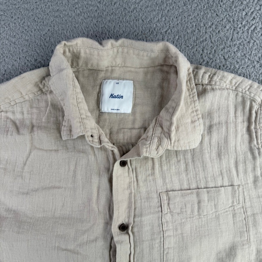 Katin Button Down Shirt Mens Large Beige Cotton Linen Gauze Short Sleeve Pocket
